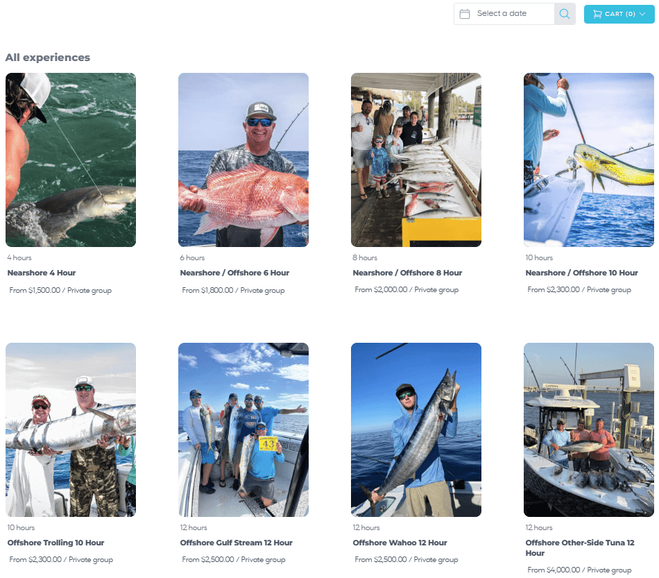 GoFish booking widget showing available charter trips with photos and pricing