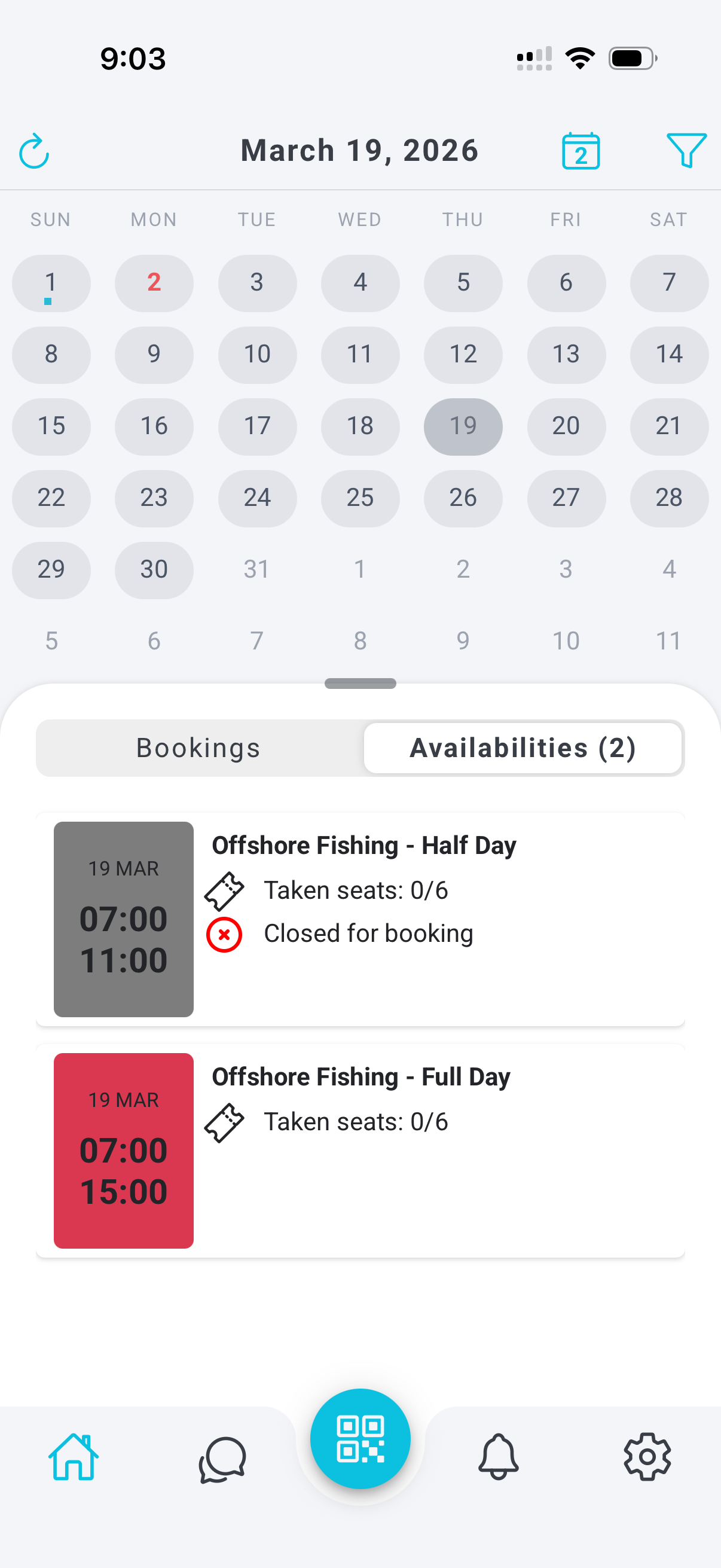 GoFish mobile app showing calendar and booking management